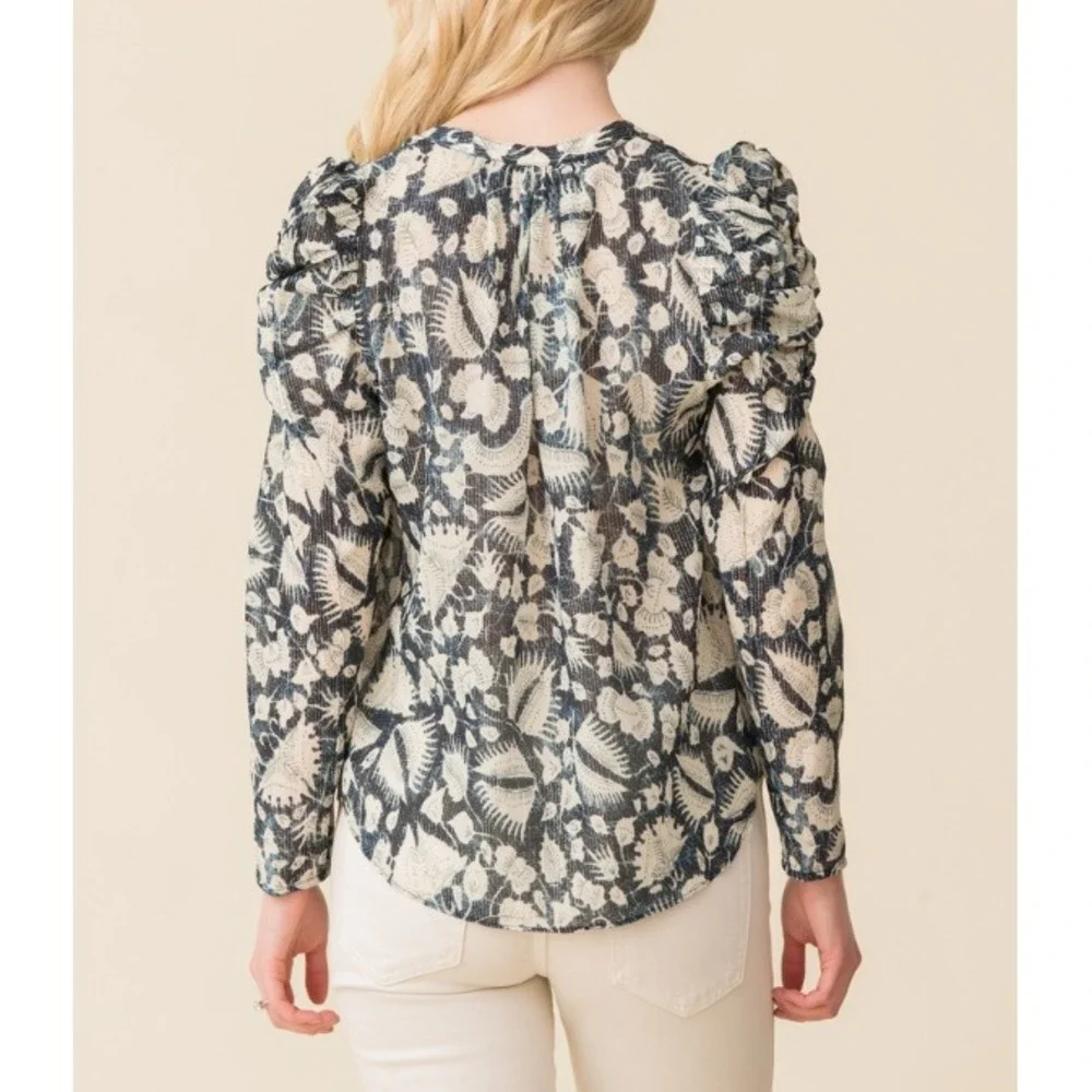 ULLA JOHNSON Adina Long Sleeve Button-Down Blouse Indigo Blue Gold Women‎ Size 0